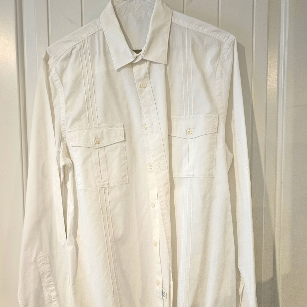 Perry Ellis Retro Button Down Business Casual White Shirt Slim Fit Sz M
